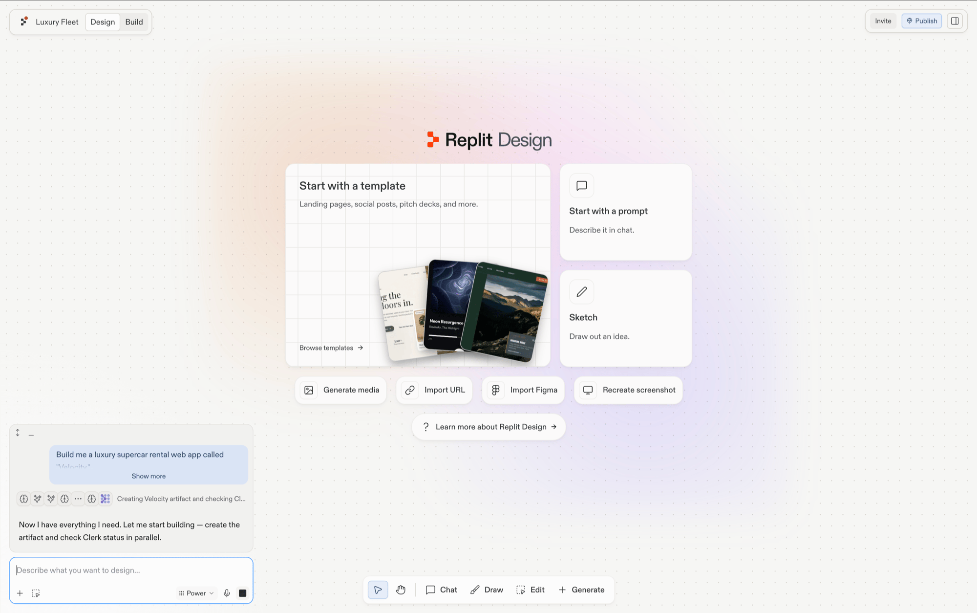 The Replit Design home with the chat panel processing the prompt for a luxury supercar rental app, reporting that it's creating the Velocity artifact