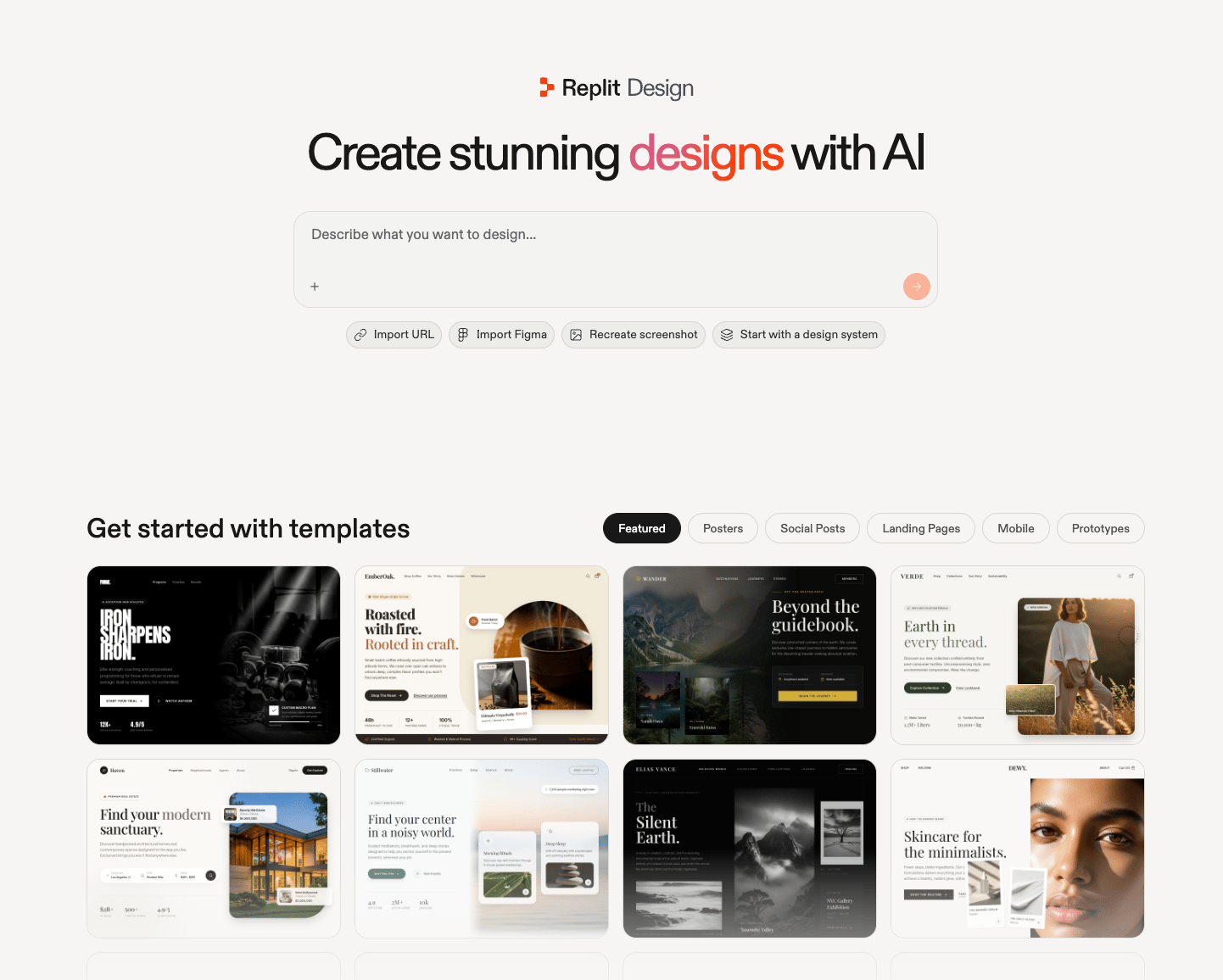The replit.com/design landing page with a prompt box, Import URL, Import Figma, Recreate screenshot, and Start with a design system options, and a template gallery below