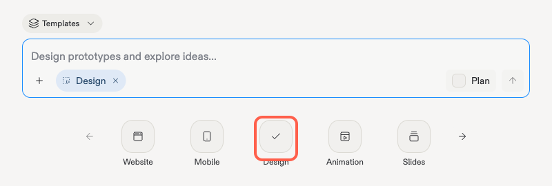 The create input on the workspace home with Design selected, showing the Design chip in the prompt box