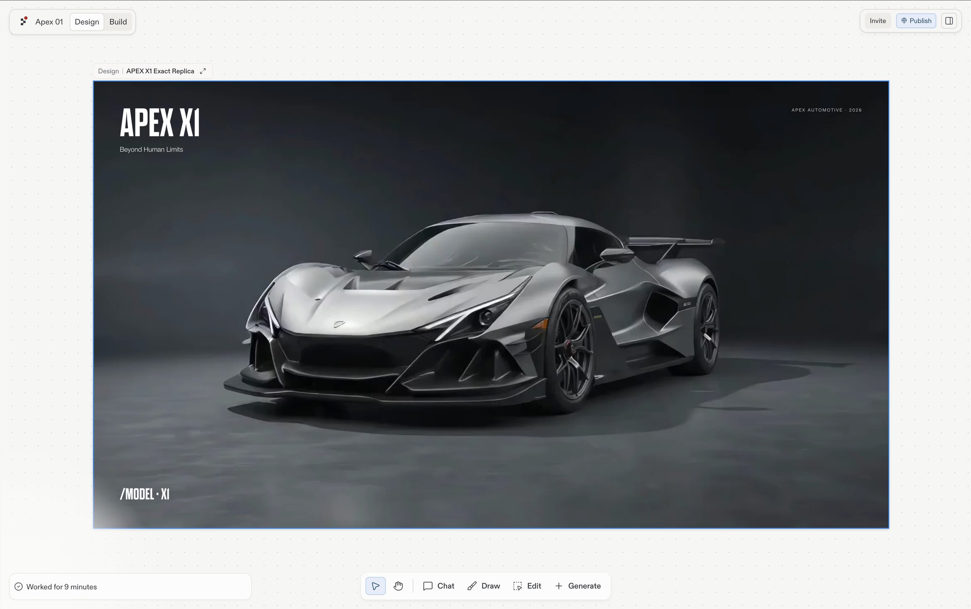 A Replit project with the Design and Build entry points side by side in the header, showing the canvas with a selected APEX X1 Exact Replica design frame