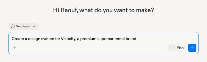The home page prompt box with a design system creation prompt
