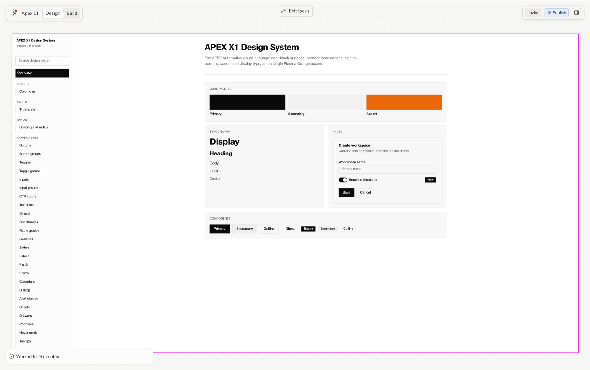 The APEX X1 Design System rendered as a living style guide in focus mode, with a sidebar of colors, fonts, layout, and components, the core palette, the type scale, and example components