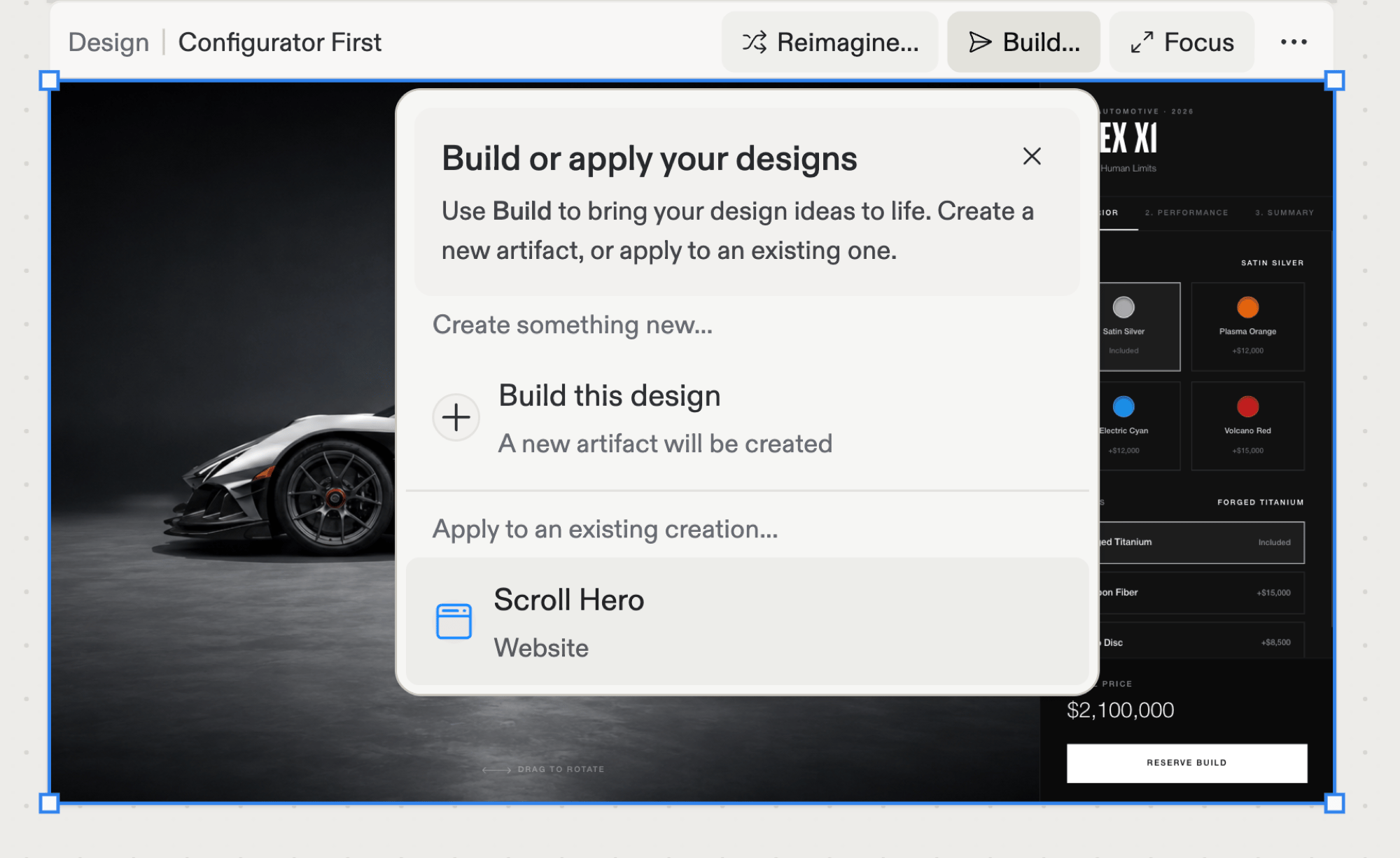 選択したバリエーションで開いたBuildメニュー。新しいアーティファクトを作成する「Build this design」と、プロジェクトのWebsiteアーティファクトをリストする「Apply to an existing creation」の2つのオプションがある