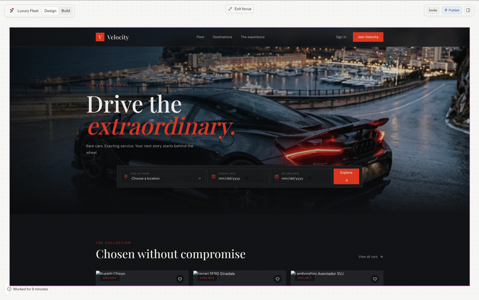 The generated Velocity supercar rental page reviewed at full size in focus mode, with an Exit focus button at the top of the board