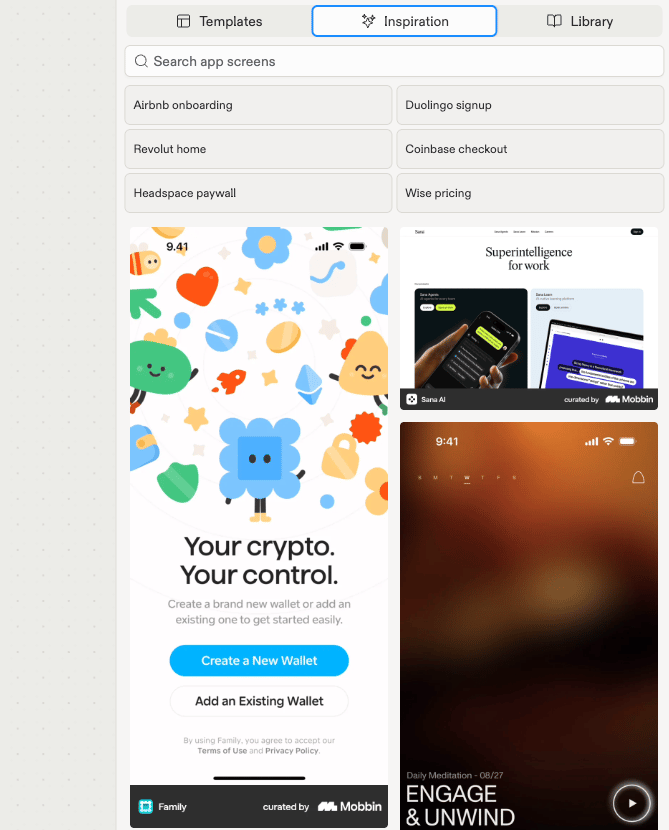 The library panel's Inspiration tab with suggested searches like Airbnb onboarding and Coinbase checkout, and Mobbin-curated app screenshots