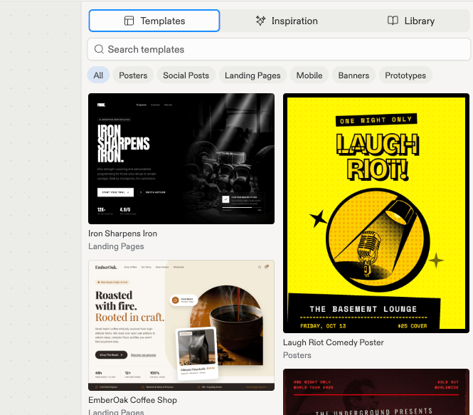 The library panel's Templates tab with a search box, category filters, and template cards including a poster and two landing pages