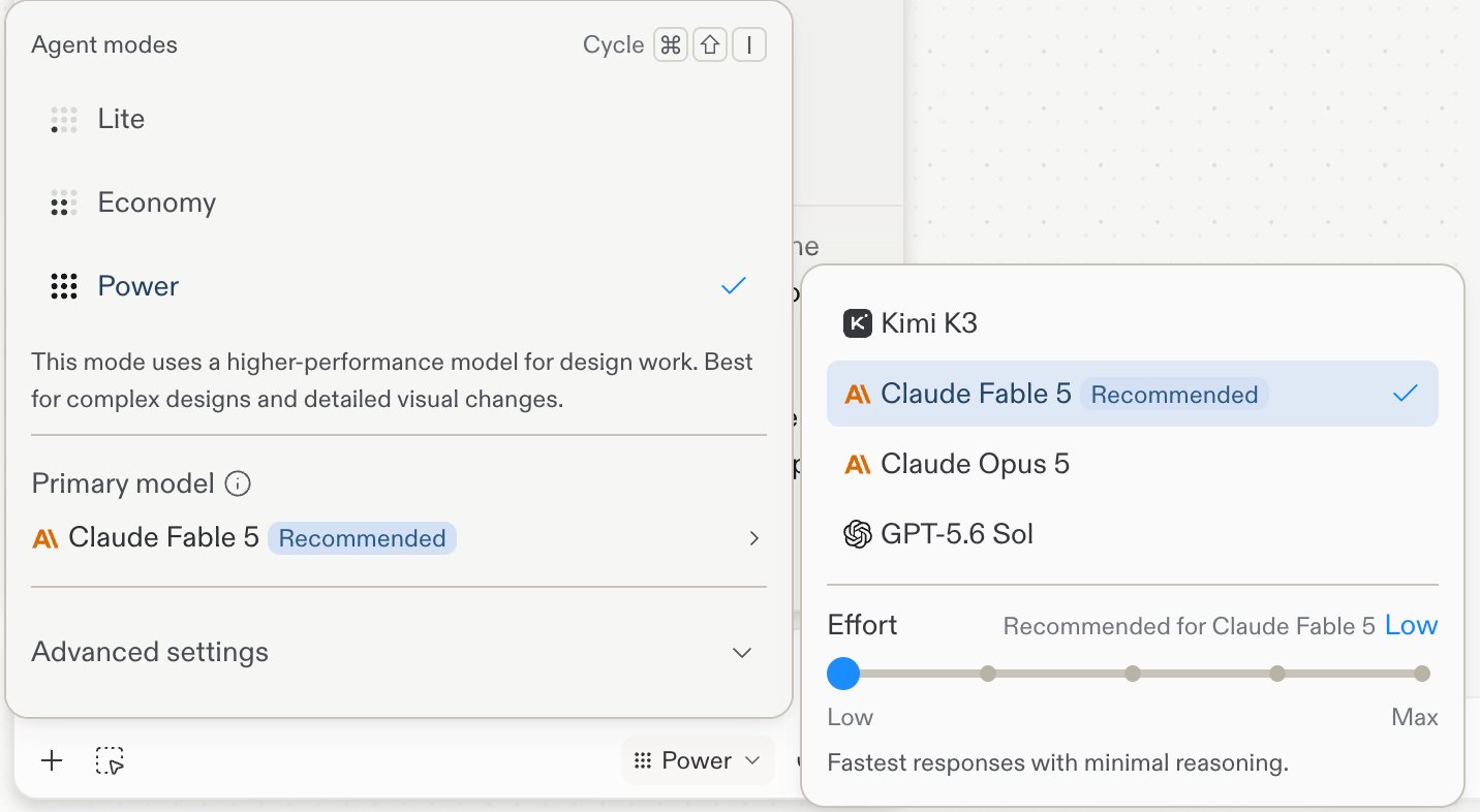 The Agent modes popover with Lite, Economy, and Power modes, Power selected and described as using a higher-performance model for design work, a Primary model list showing Kimi K3, Claude Fable 5 marked Recommended, Claude Opus 5, and GPT-5.6 Sol, and an Effort slider from Low to Max