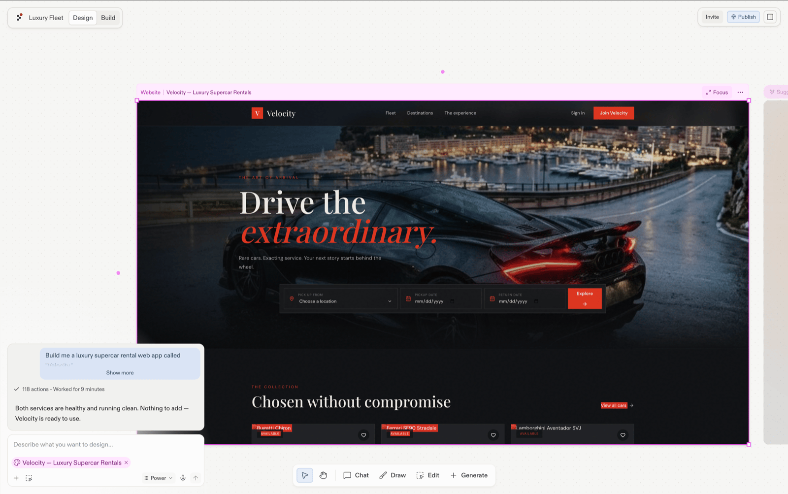 The generated Velocity frame selected on the canvas with the run complete in the chat panel and the Suggested next steps panel opening beside the frame