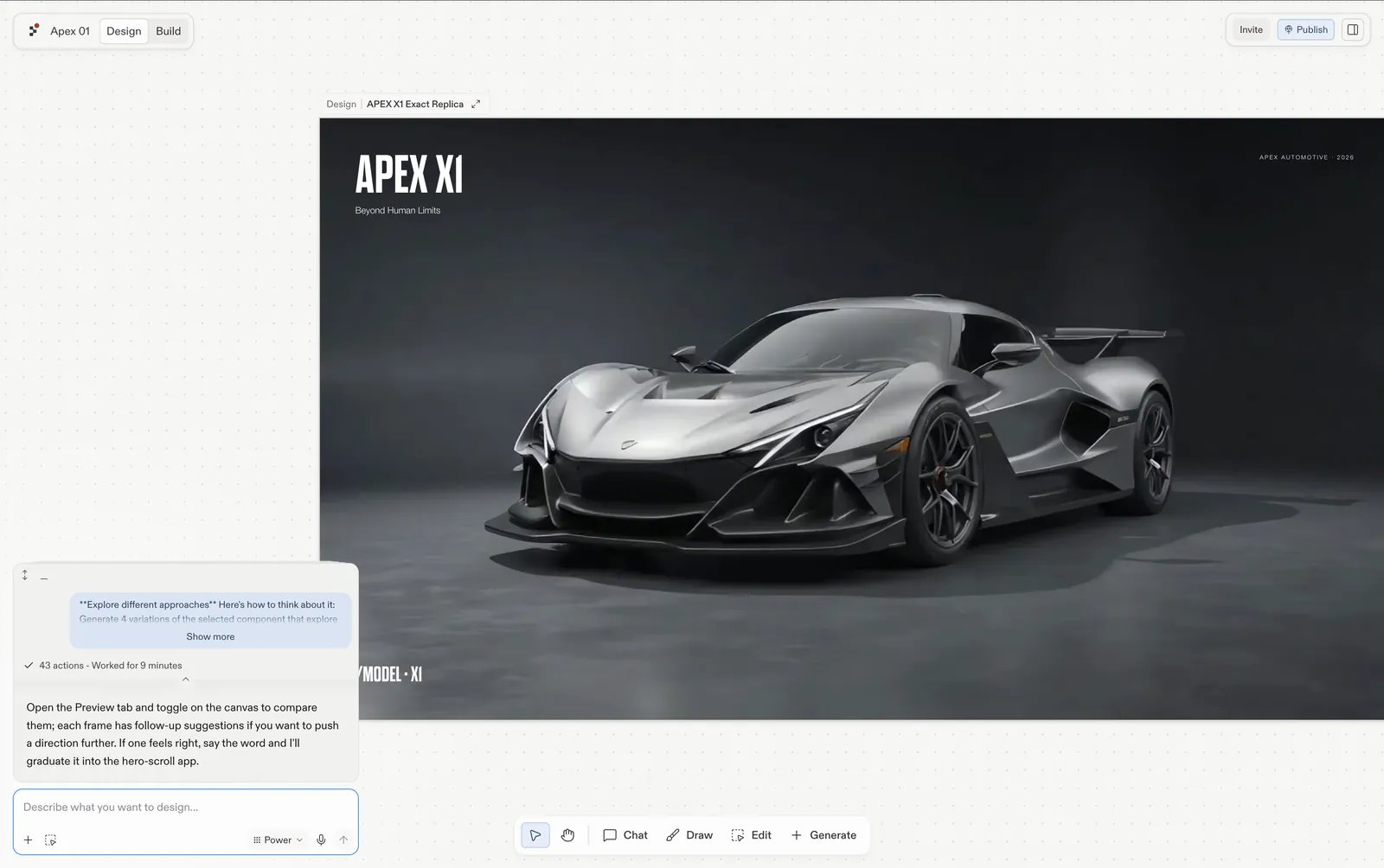 The Apex X1 frame on the canvas with the chat panel showing Agent exploring different approaches and offering follow-up suggestions to push the design further