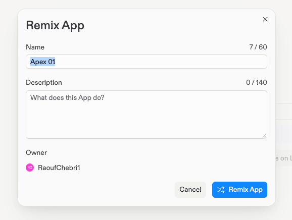 The Remix App dialog with name and description fields and the Remix App button
