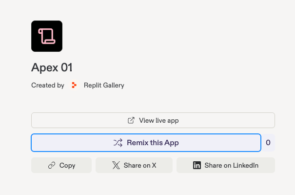 The Apex 01 template cover page with View live app, Remix this App, Copy, and share buttons