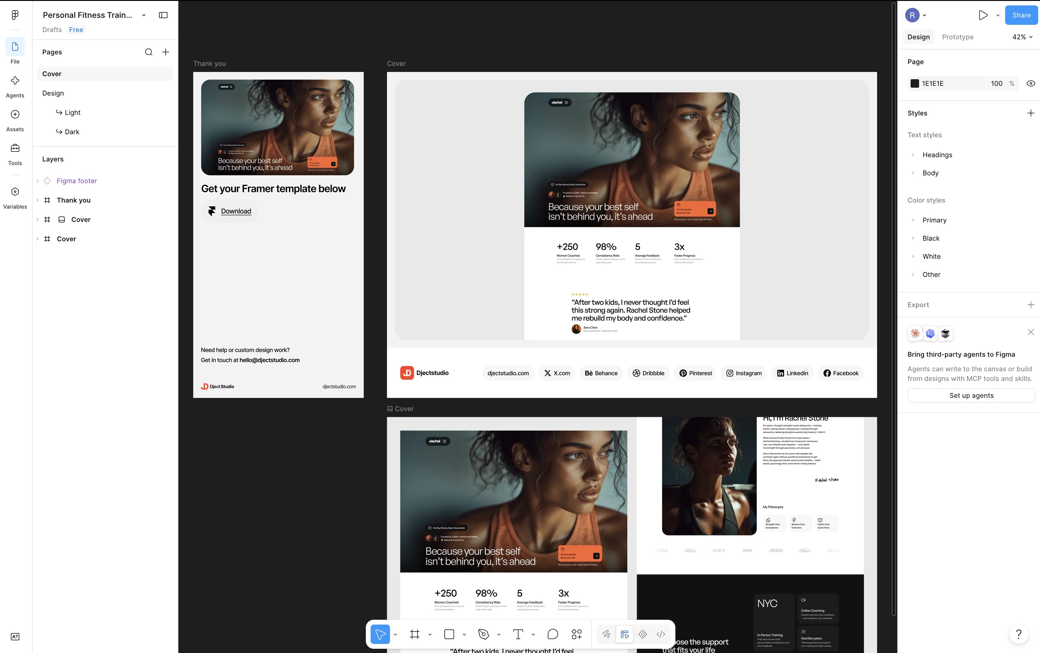 The Personal Fitness Trainer Template open in Figma, showing the Cover frames in the layers panel and on the canvas