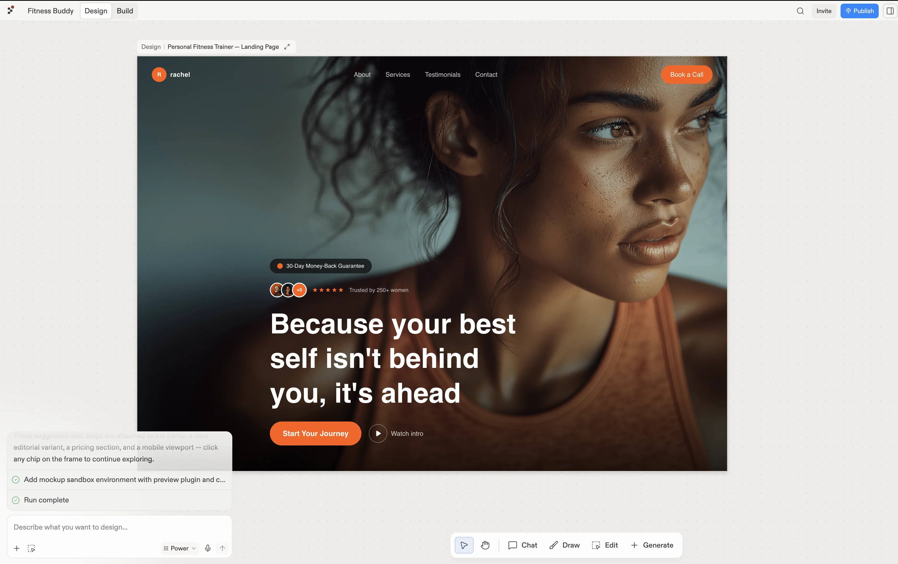 The Personal Fitness Trainer landing page imported as a design frame in Replit Design, with the run marked complete in the chat panel