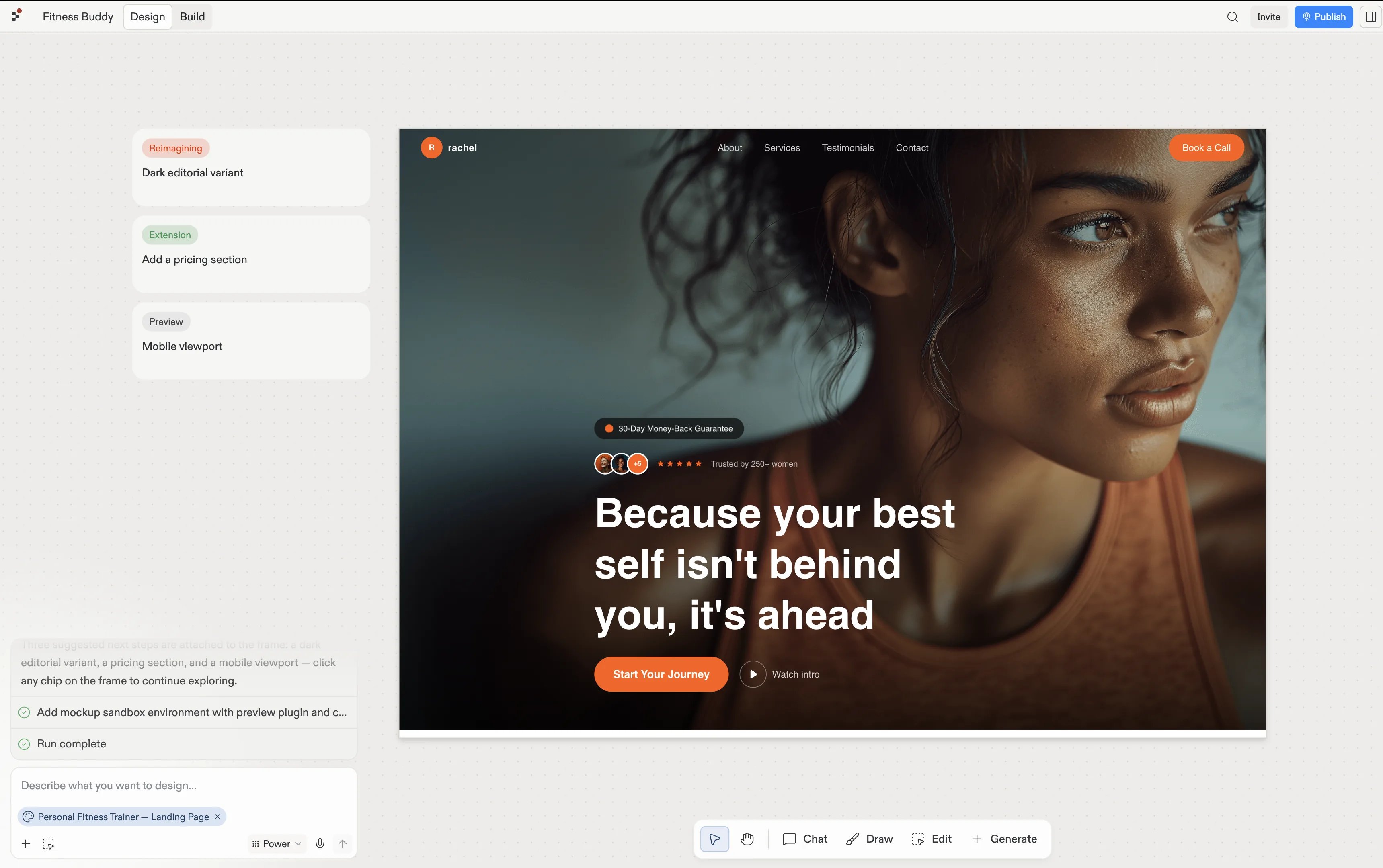 The imported Personal Fitness Trainer frame selected in Replit Design, with three suggestion cards beside it: Dark editorial variant, Add a pricing section, and Mobile viewport