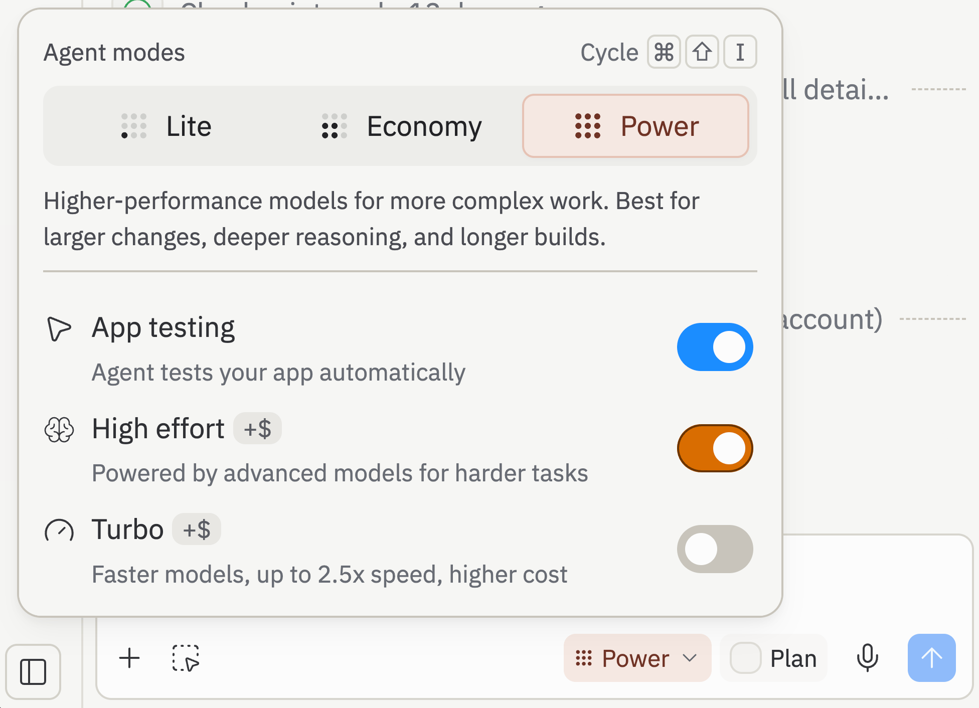 Power が選択され、High effort がオンになった Agent モードのドロップダウン