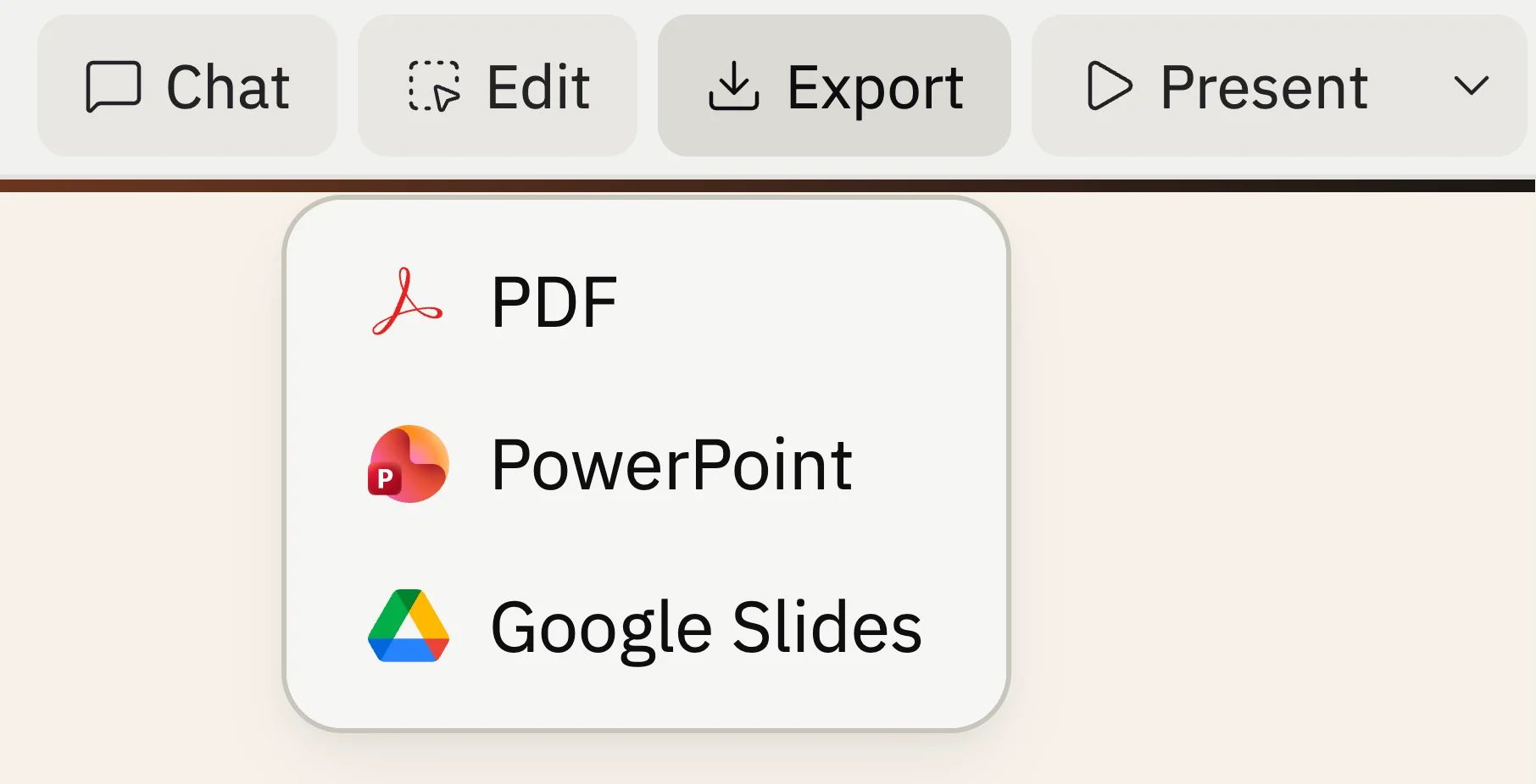 The Slides toolbar with the Export menu open, showing options to export the deck as PDF, PowerPoint, or Google Slides