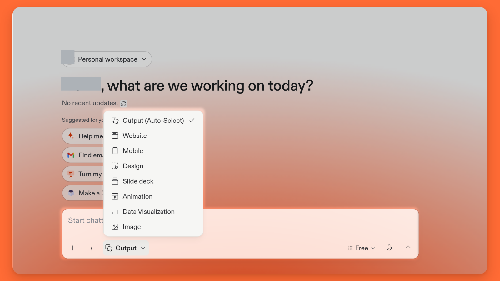 Home prompt box with the Output menu open, Website available, and Free mode selected