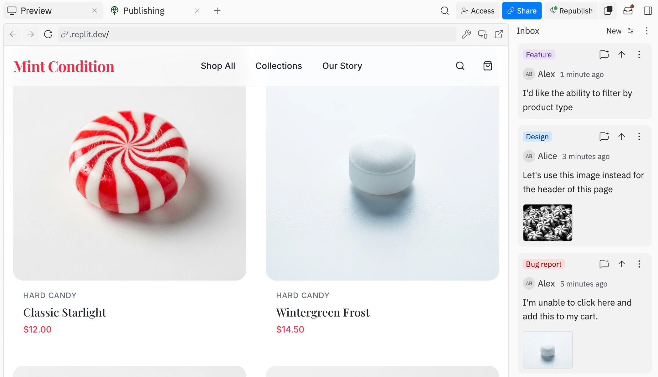 Inbox interface showing feedback with actions and filters