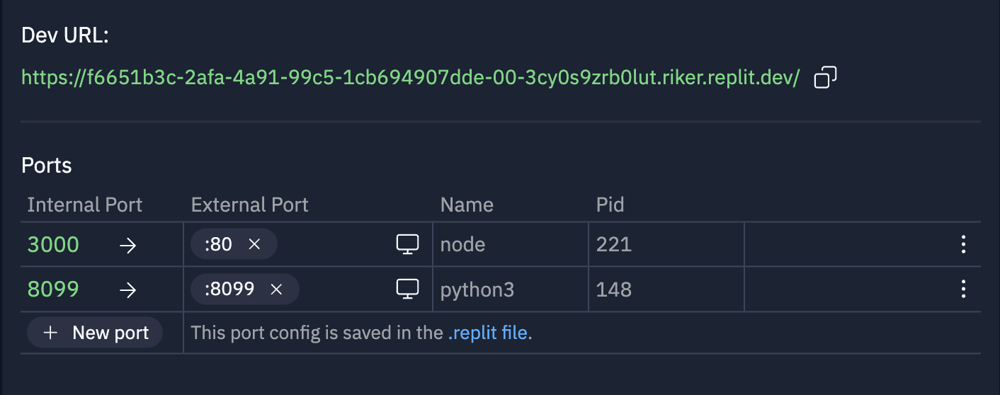 The networking tool shows your port configuration.