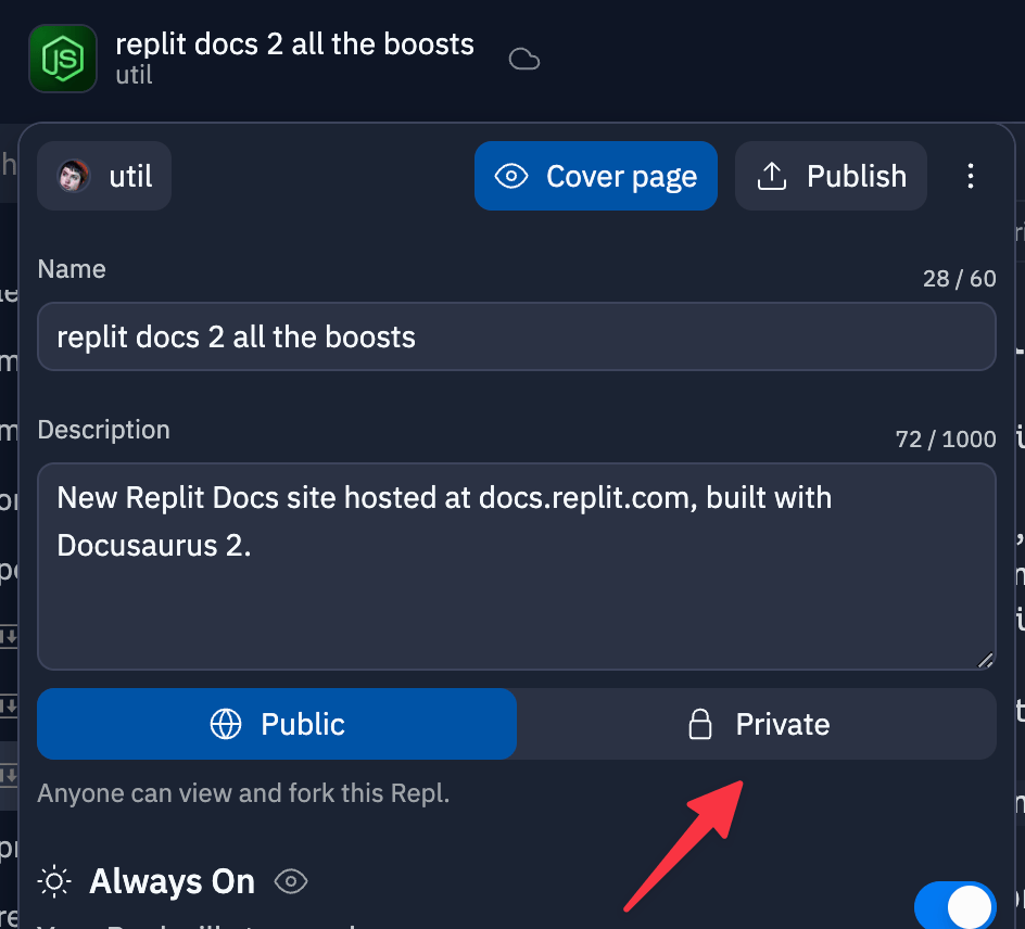 Making a Replit App private from the Workspace