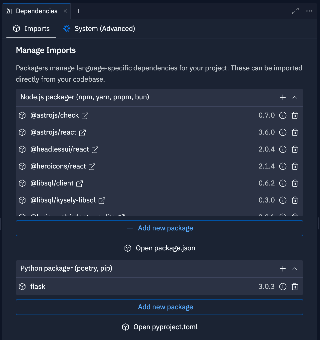 Imports tab for a project using Node.js and Python