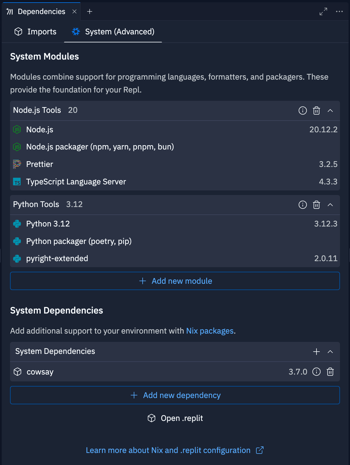 System (Advanced) tab for a project using Node.js and Python