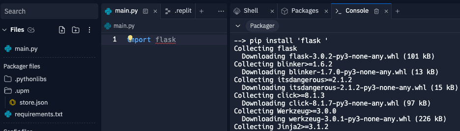 upm output showing packages being installed