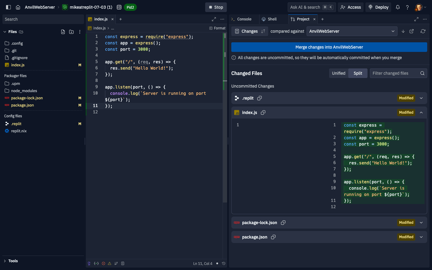 Create Project Changes in Workspace