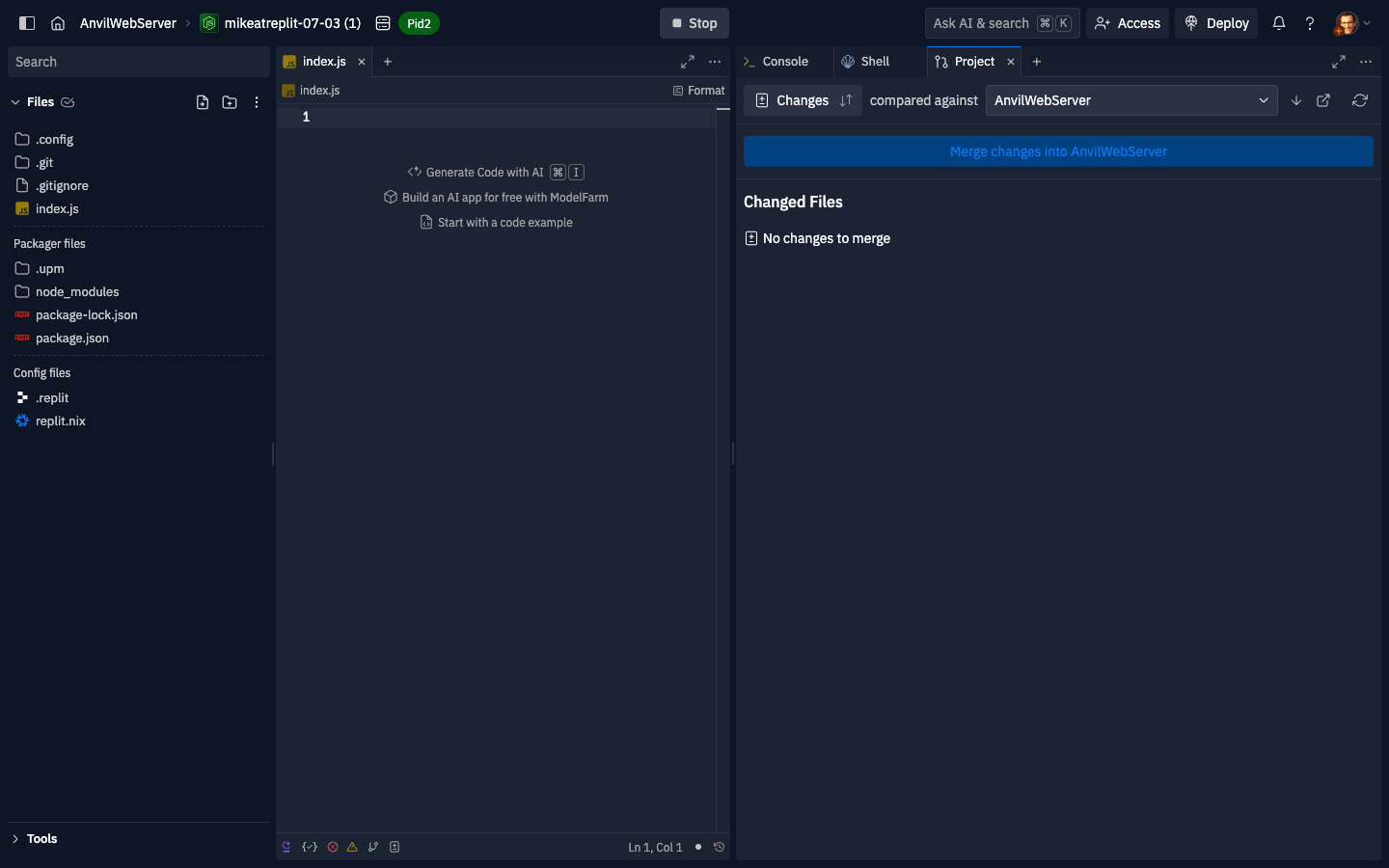 Create Project No Changes