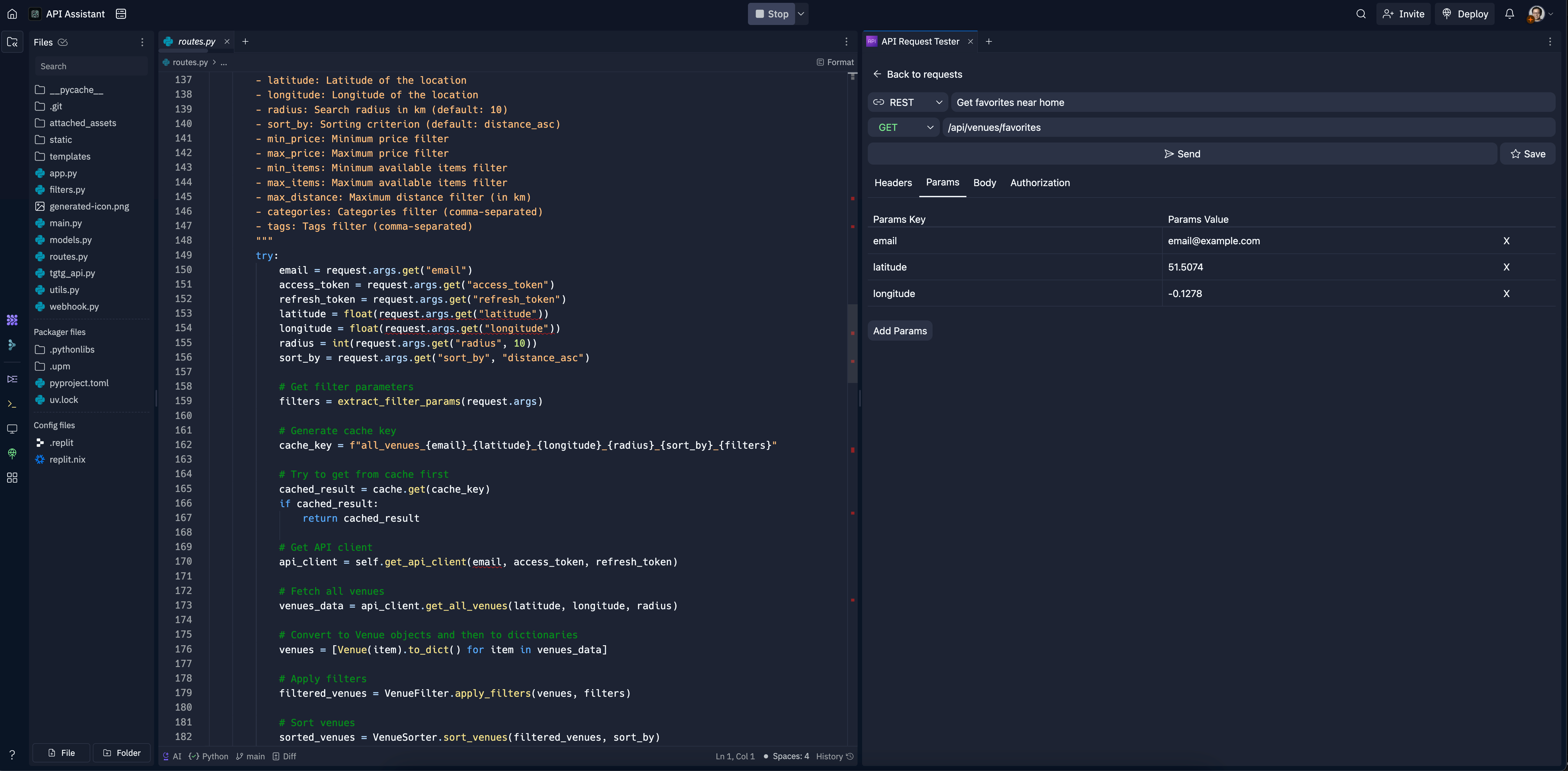 screenshot of code from an API and the API Request Tester