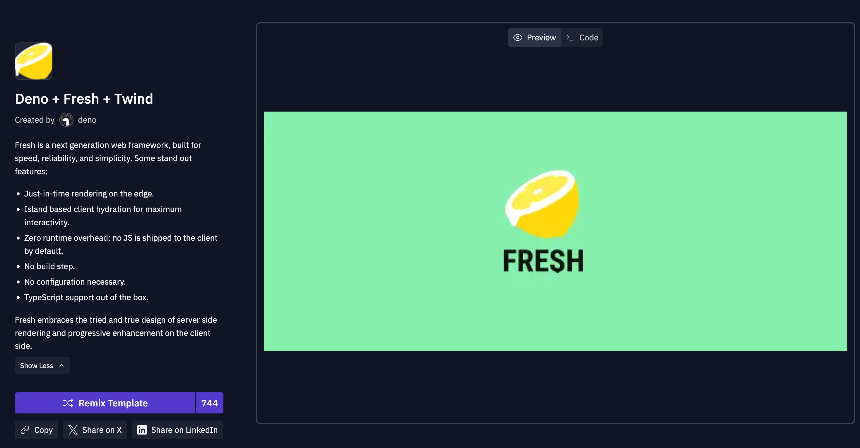 screenshot of a template description