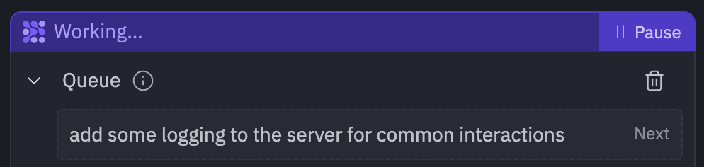Agent status bar showing the Pause button for immediate interruption
