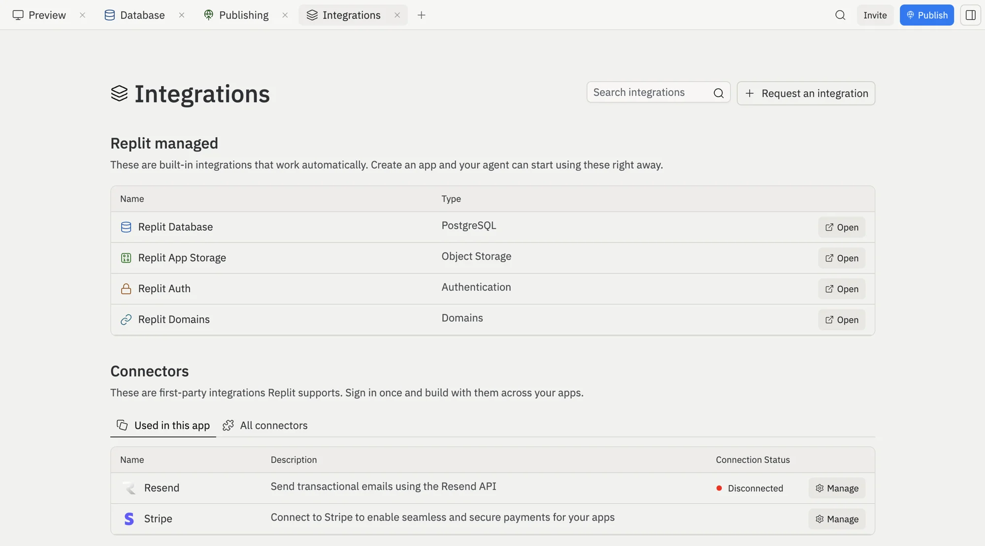 Integrations tab showing Connectors with the Stripe integration and a Manage button
