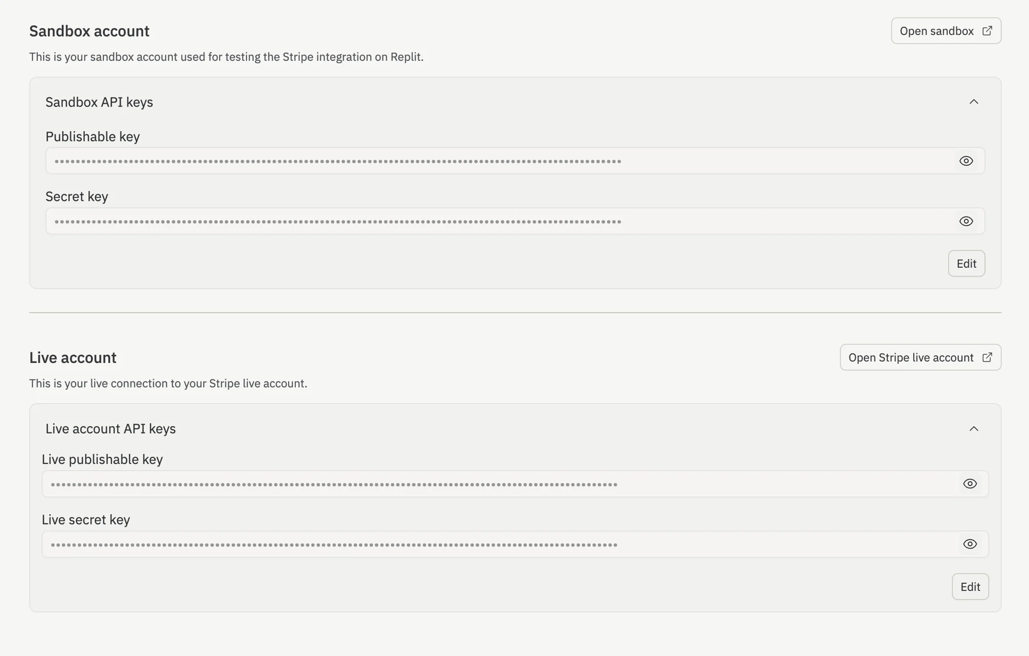 Stripe sandbox and live account API keys expanded with Edit buttons