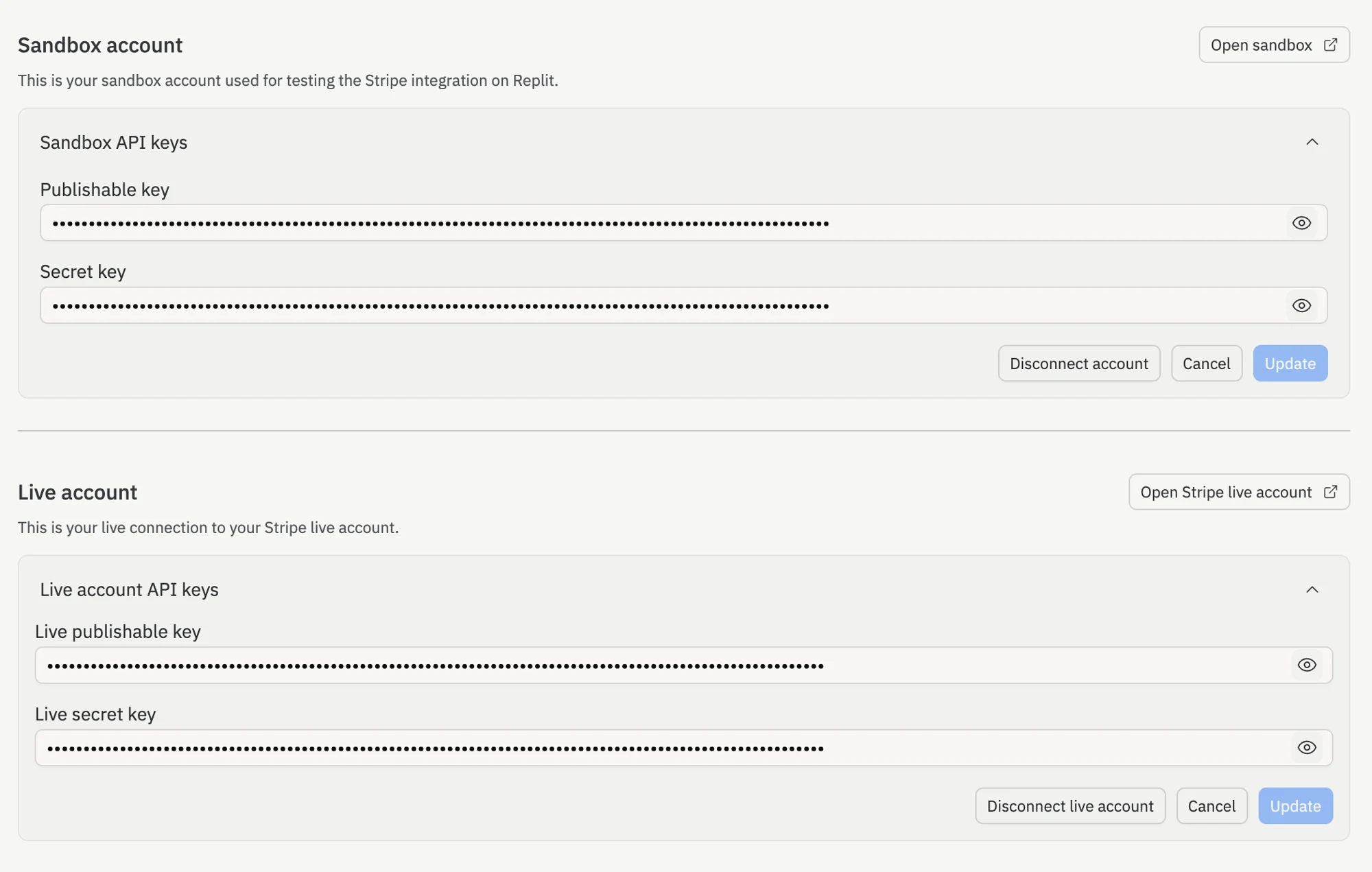 Stripe sandbox and live account API keys with Disconnect account and Disconnect live account buttons