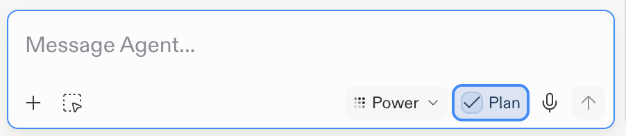 Plan toggle selected in the Agent chat input