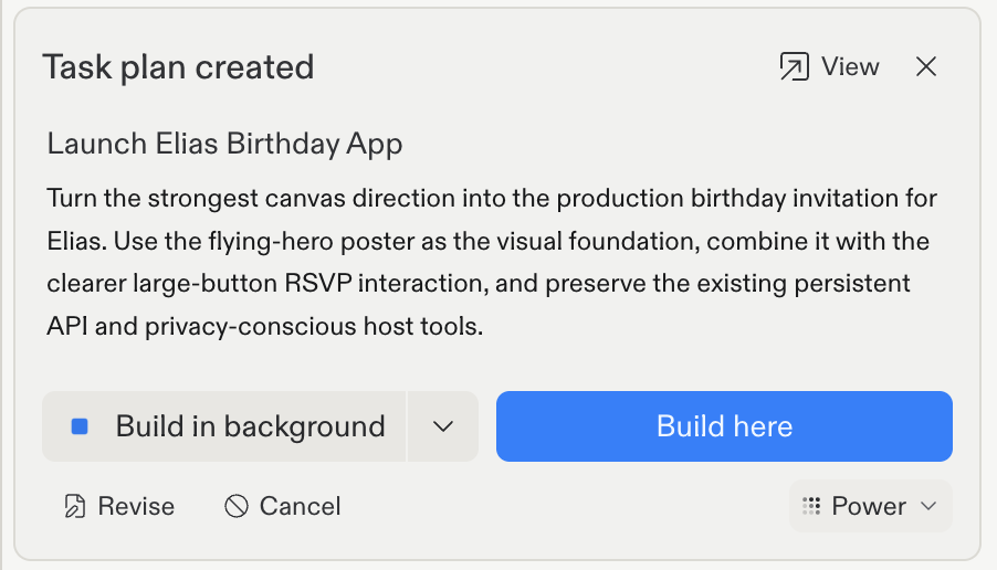Task plan with options to revise, cancel, build in the background, or build here