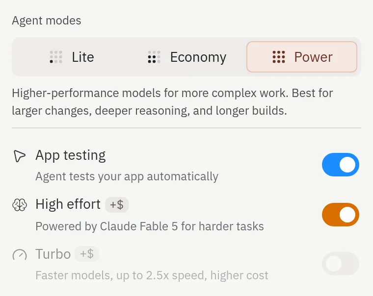 Menu suspenso de modos do Agent com Power selecionado e High effort ativado