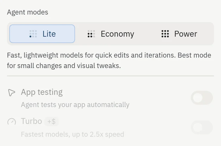 Menu suspenso de modos do Agent com Lite selecionado e os toggles de High effort e Turbo em cinza