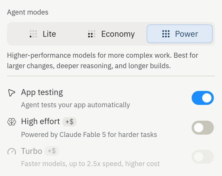 Menu suspenso de modos do Agent com Power selecionado, Testes de App ativados e High effort e Turbo desativados