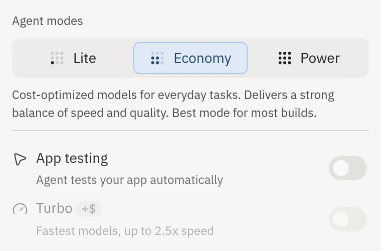 Popover de modos do Agent com Lite, Economy e Power como controle segmentado, e toggles de Testes de App e Turbo abaixo