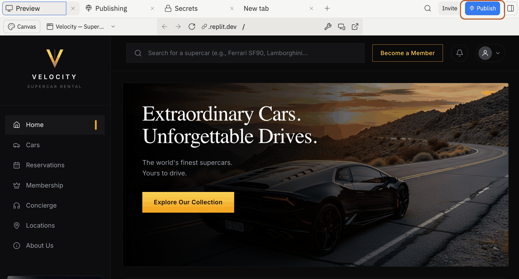 The Replit Project Editor top bar with the Publish button highlighted in the top-right corner