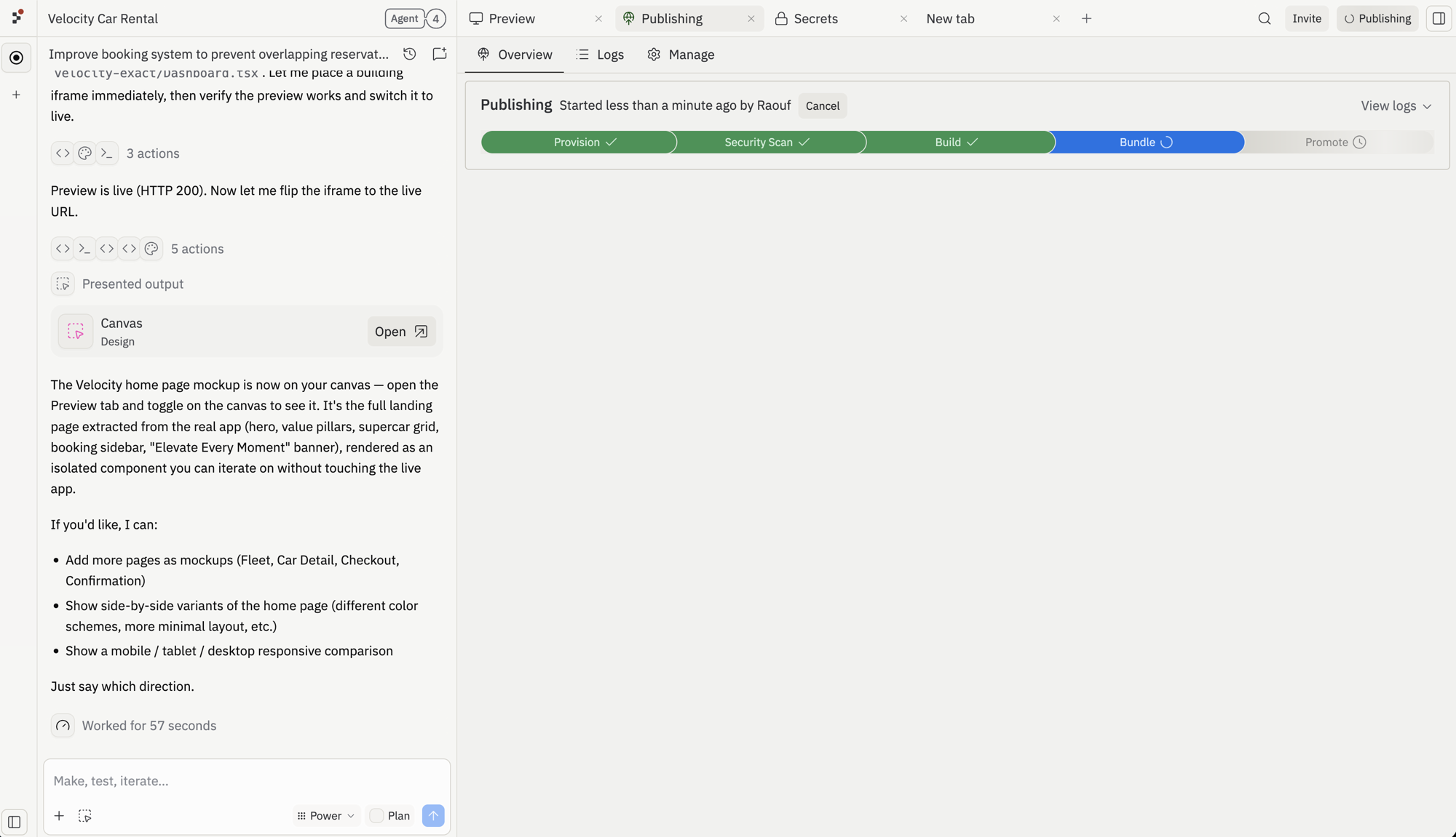 The Publishing tab showing the five-stage progress bar with Provision and Security Scan completed (green checkmarks), Build also complete, Bundle currently in progress (blue spinner), and Promote pending