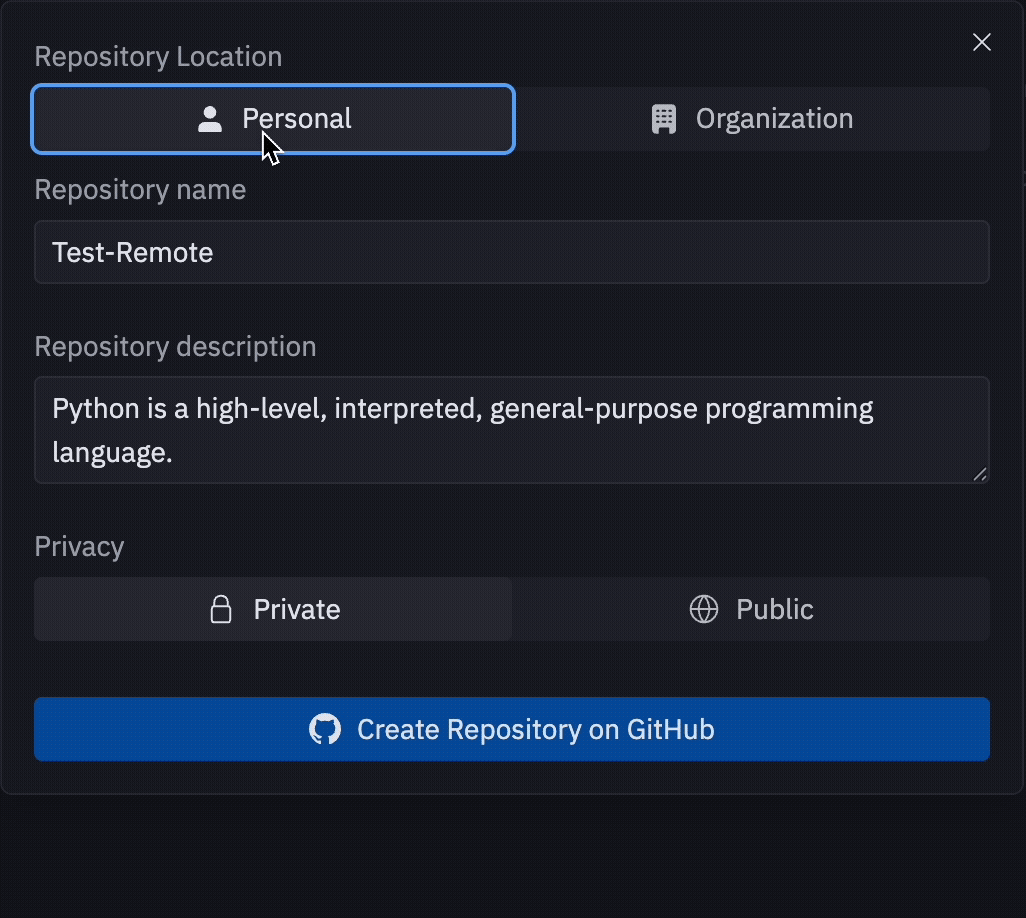 Animated demonstration of switching between personal and organization workspaces in Git interface