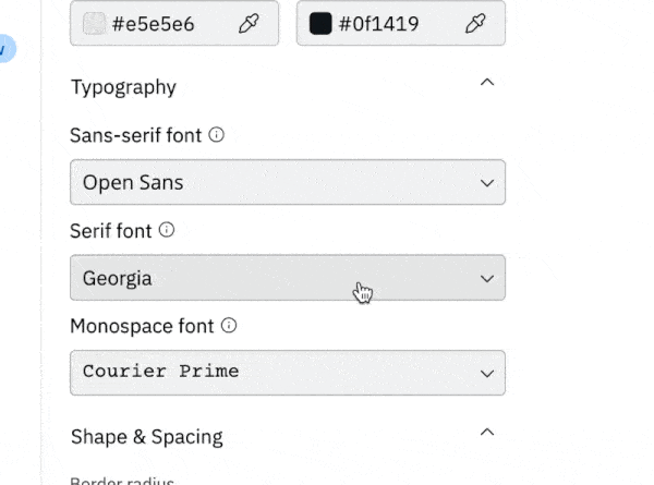 Font preview showing multiple fonts rendered in their actual typefaces including Crimson, EB Garamond, and other Google Fonts