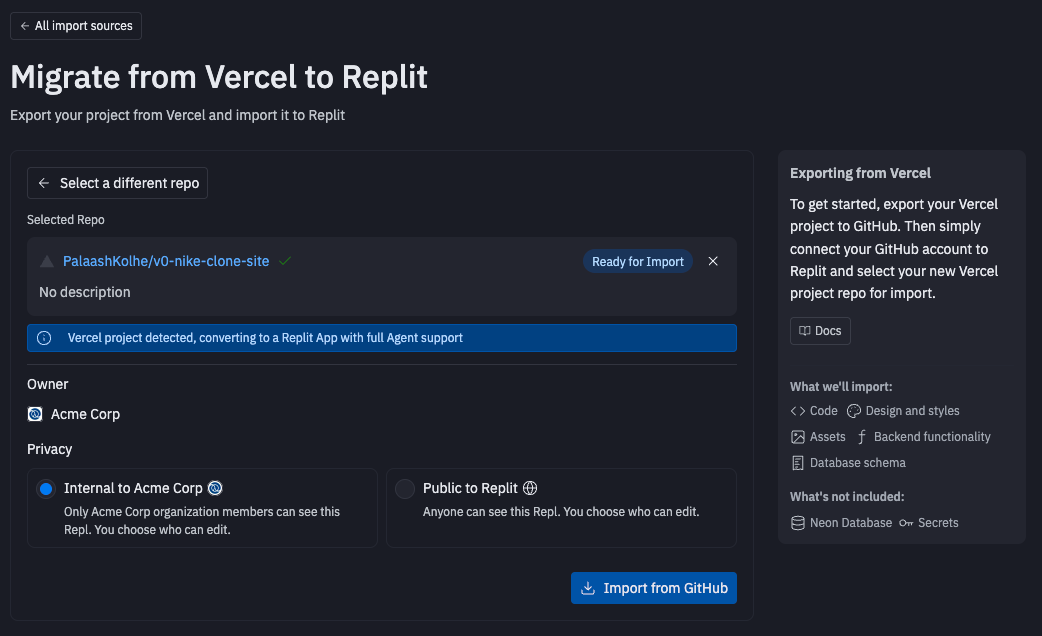 Vercel import dialog showing one-click migration flow for Next.js applications