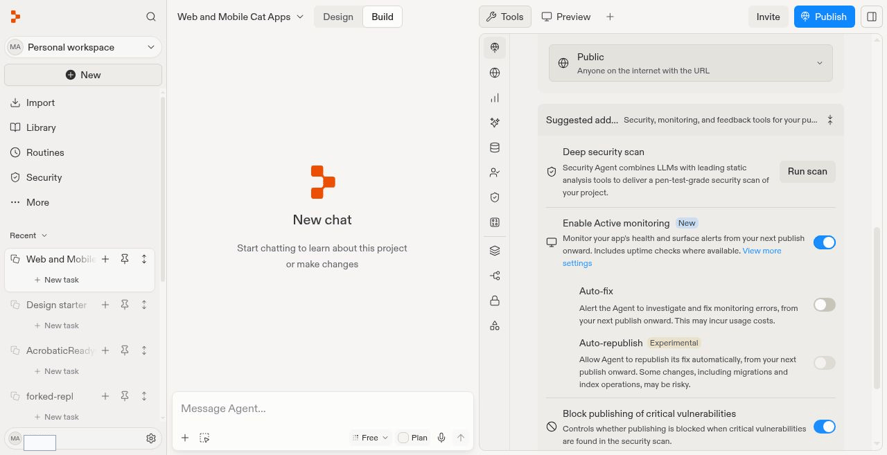 First-publish settings with Enable Active monitoring on, Auto-fix off, and the experimental Auto-republish control visible and off