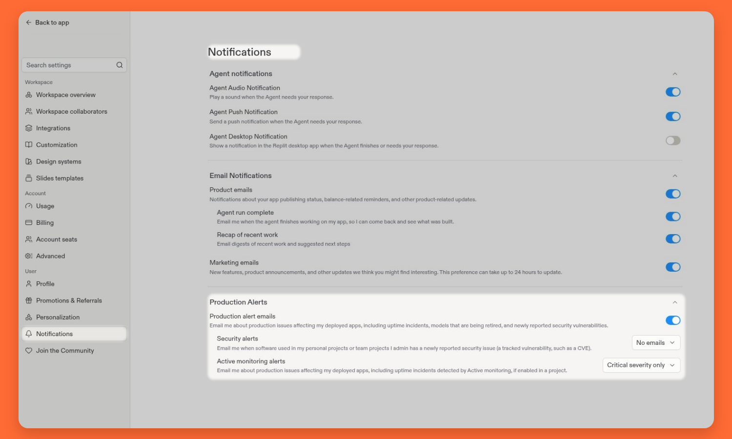 Notifications settings with Production alert emails enabled and Active monitoring alerts set to Critical severity only