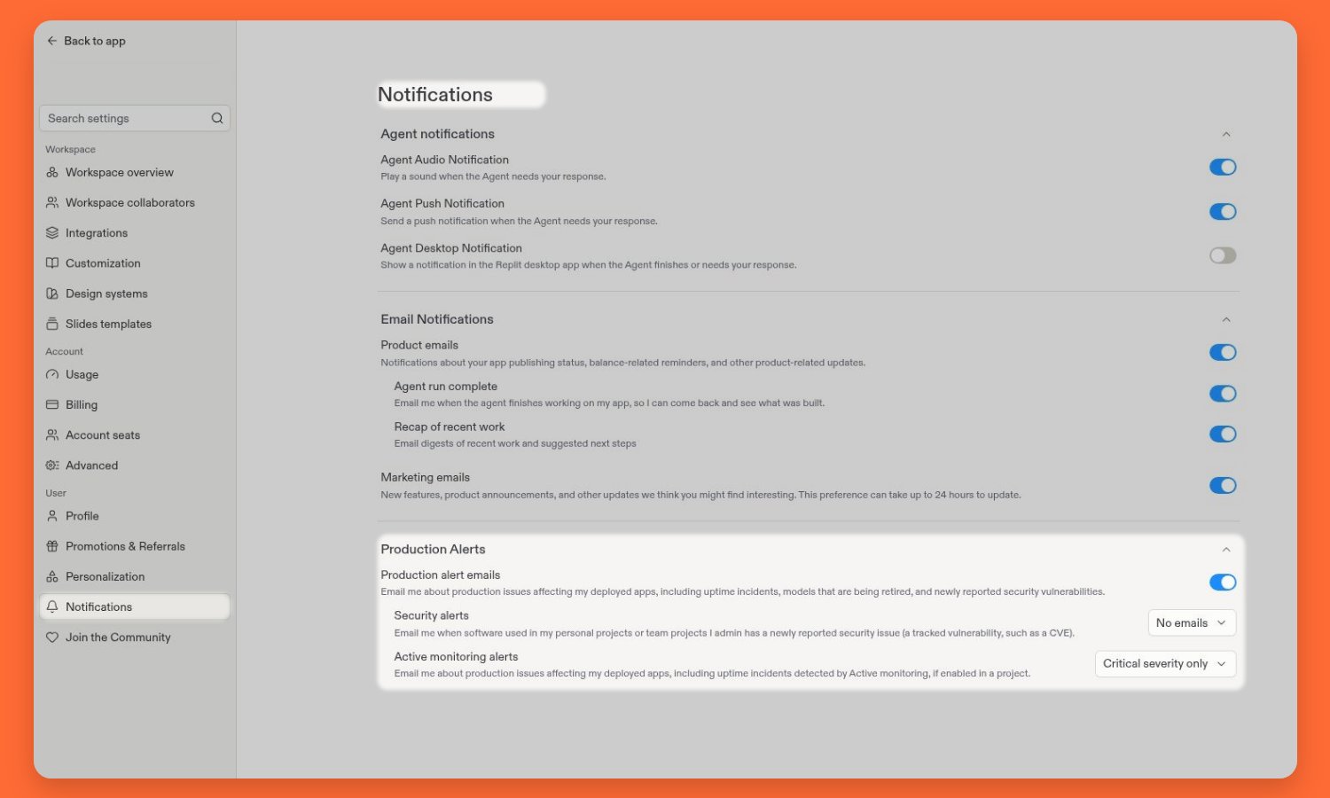 Notifications settings with Production alert emails enabled and Active monitoring alerts set to Critical severity only