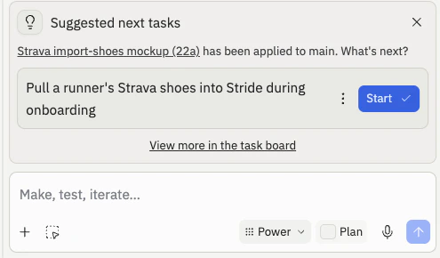 Suggested next tasks dialog showing a follow-up task with a Start button and a link to view more tasks in the task board